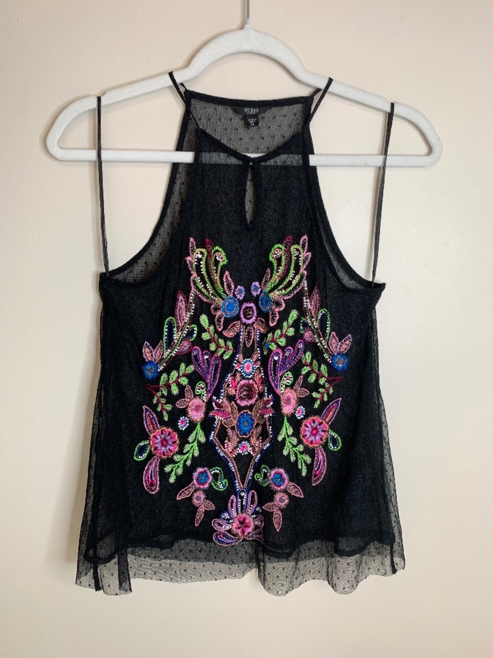 Guess Y2K Beaded Semi Sheer Black Colourful Halter Top XS
